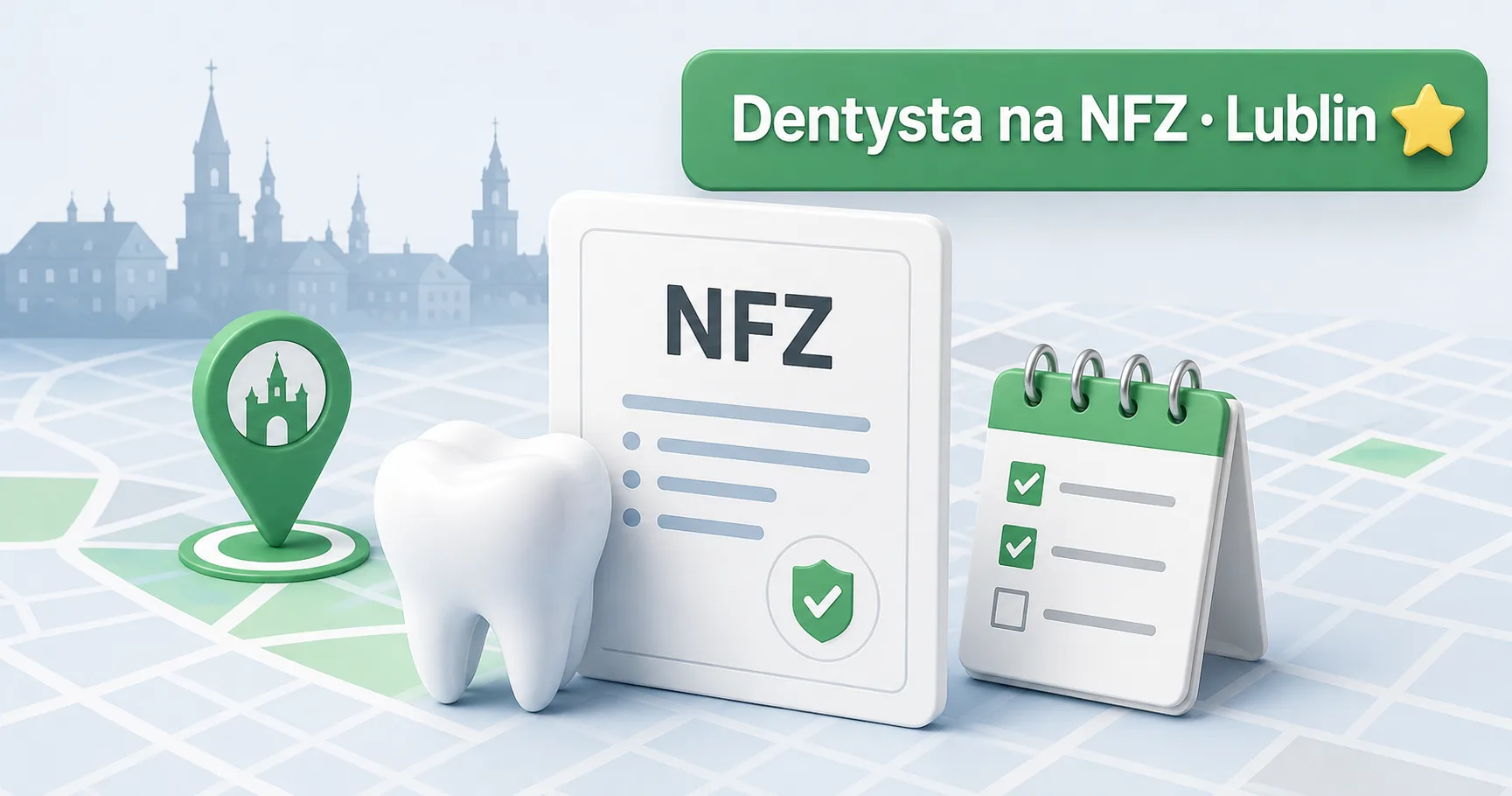 Symbol dokumentu z zębem na tle zarysu Lublina, motyw leczenia refundowanego