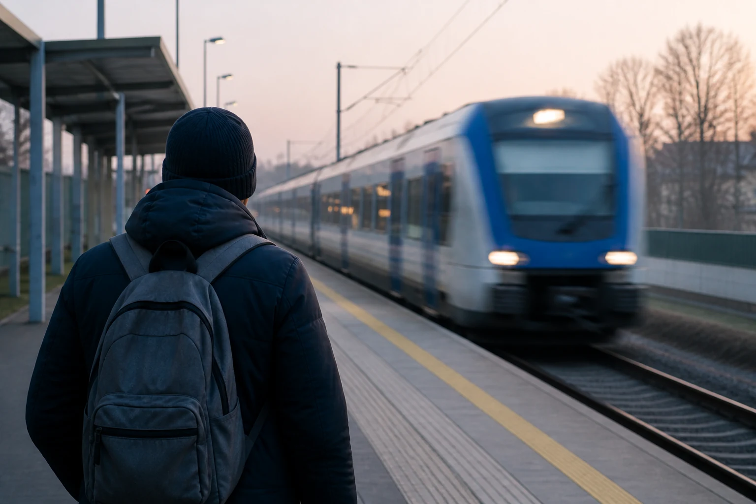 Peron podmiejskiej stacji kolejowej wczesnym rankiem, oczekujący pasażerowie