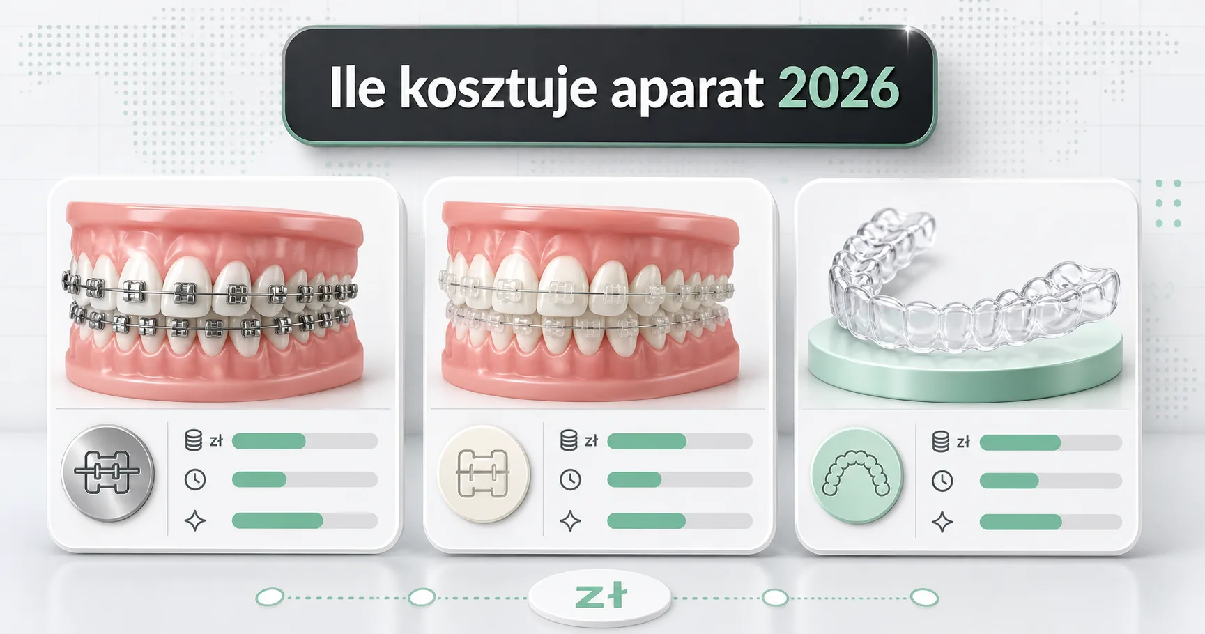 Trzy rodzaje aparatów ortodontycznych obok siebie: metalowy, estetyczny i nakładki