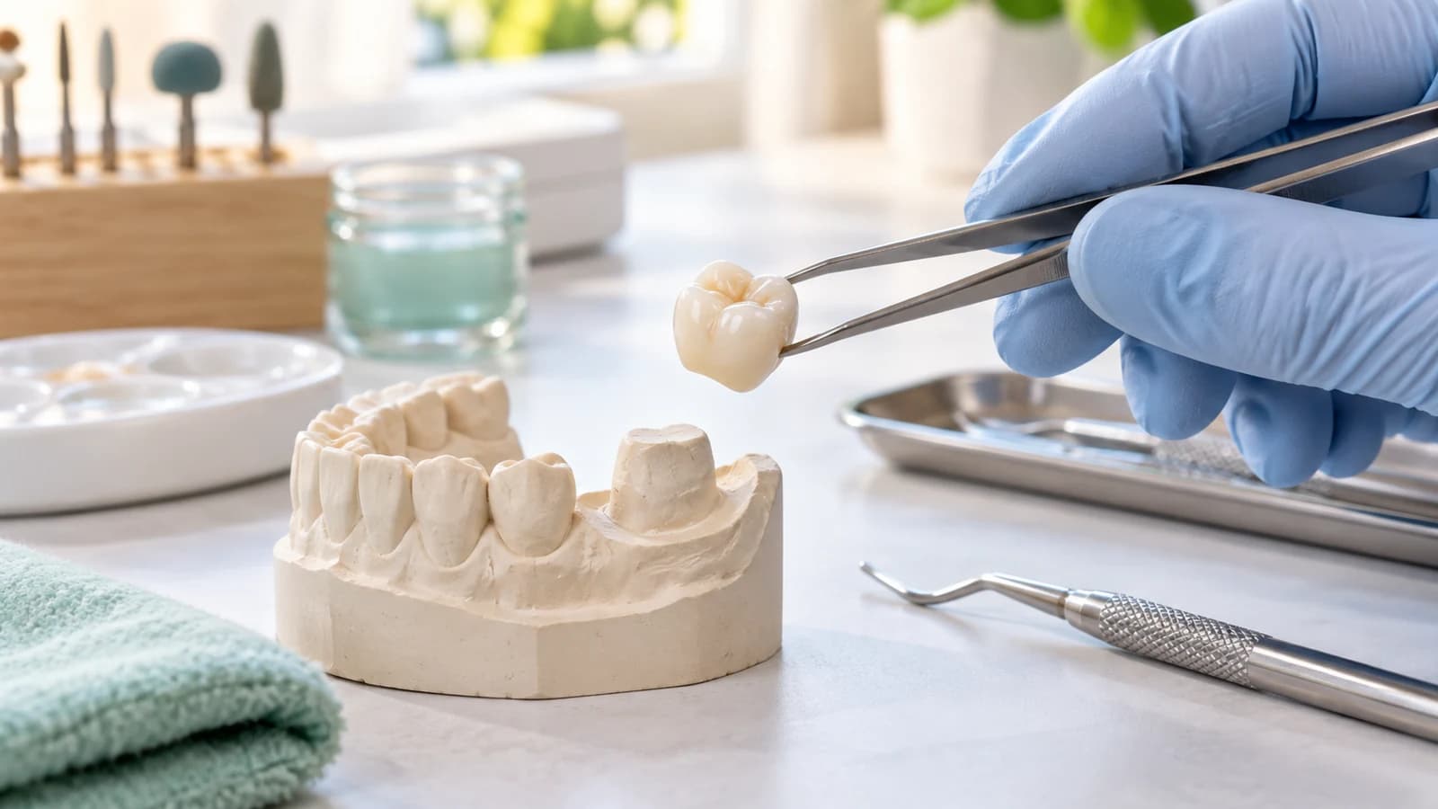 Modele koron protetycznych na zębie: porcelanowa i cyrkonowa, obok symbolu ceny