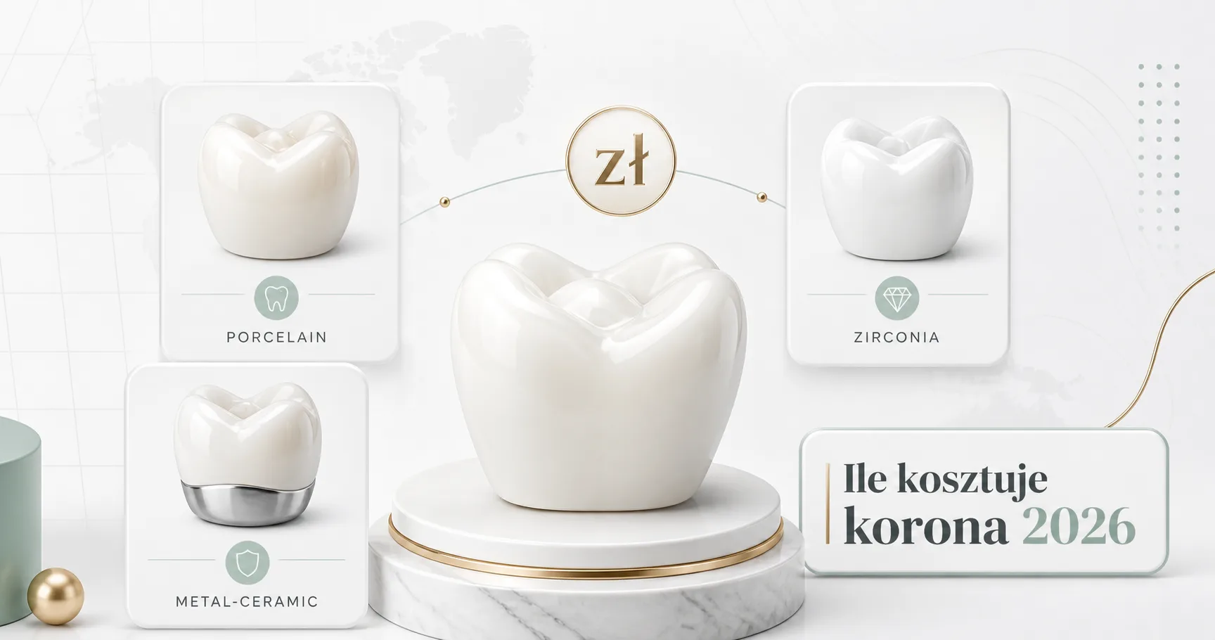Modele koron protetycznych na zębie: porcelanowa i cyrkonowa, obok symbolu ceny