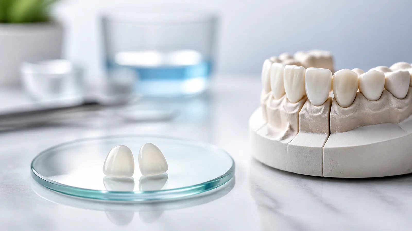 Licówki porcelanowe na płytce laboratoryjnej obok modelu szczęki
