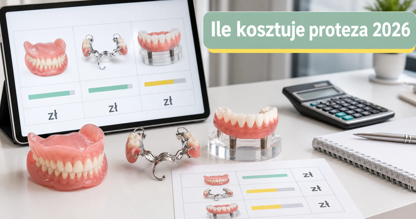 Rodzaje protez zębowych: akrylowa, szkieletowa i oparta na implantach, obok symbolu ceny