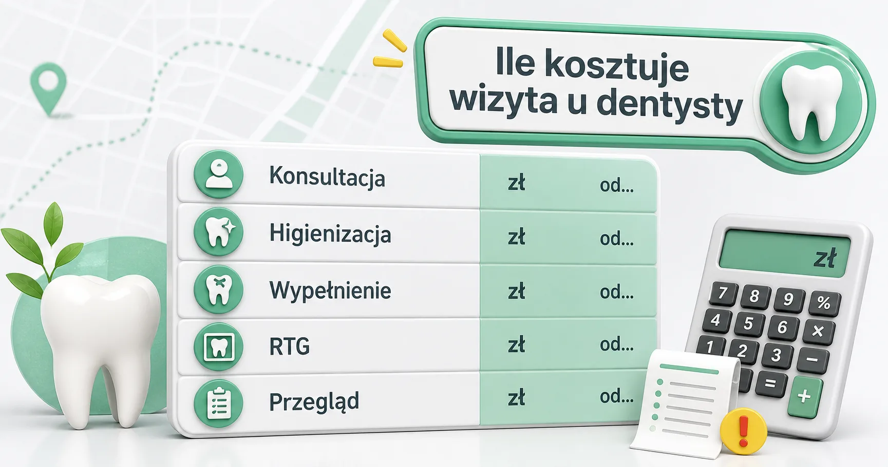 Ikony zabiegów stomatologicznych obok symbolu złotówki, motyw cennika wizyty