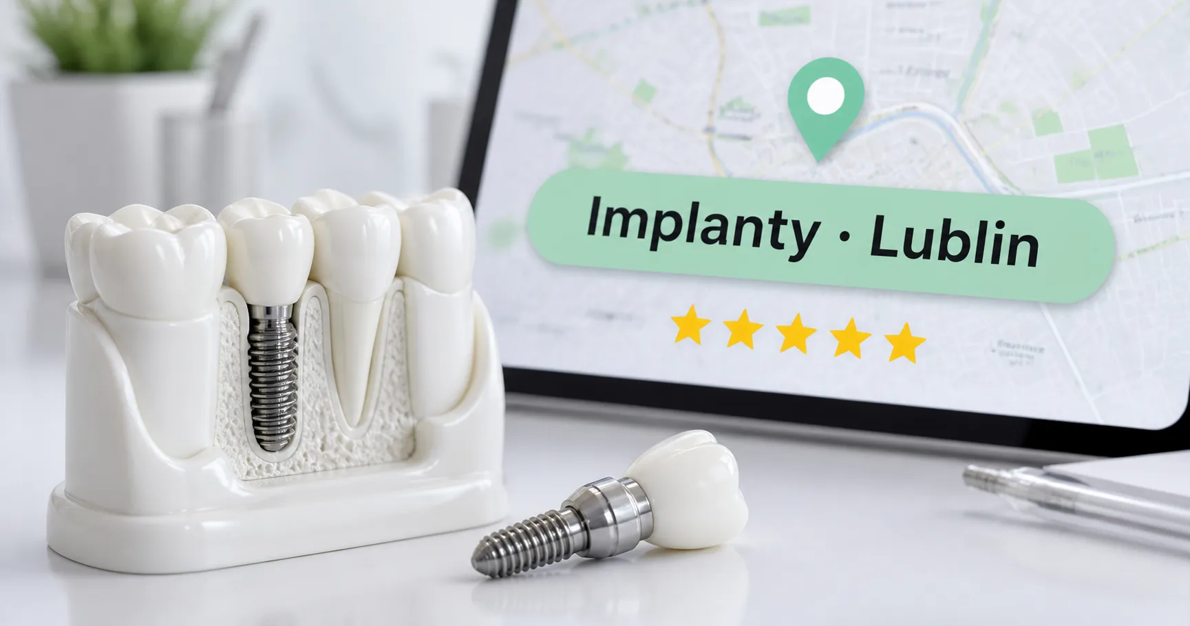 Model implantu zęba z koroną na tle zarysu Lublina