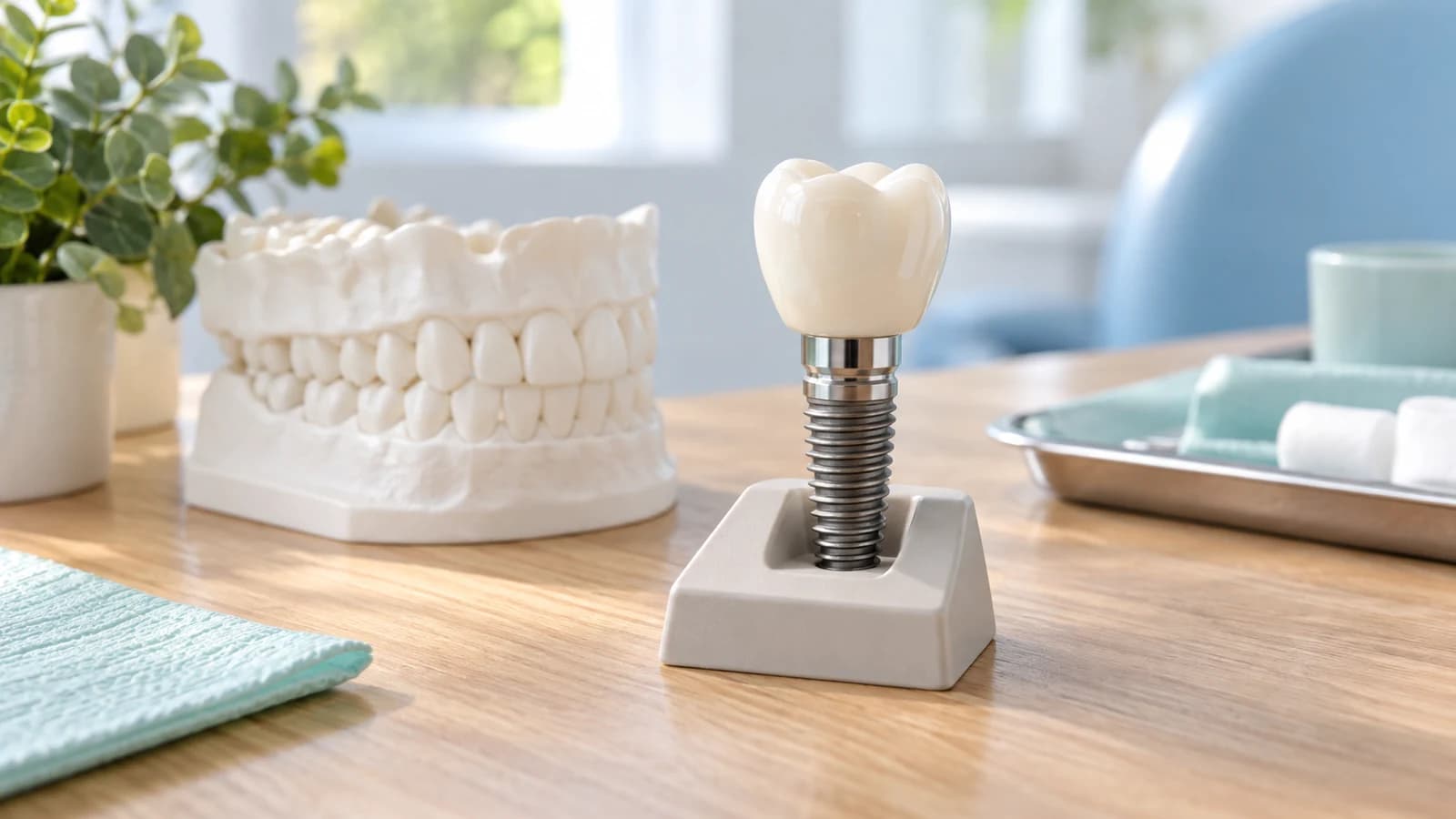 Model implantu zęba z koroną na tle zarysu Lublina