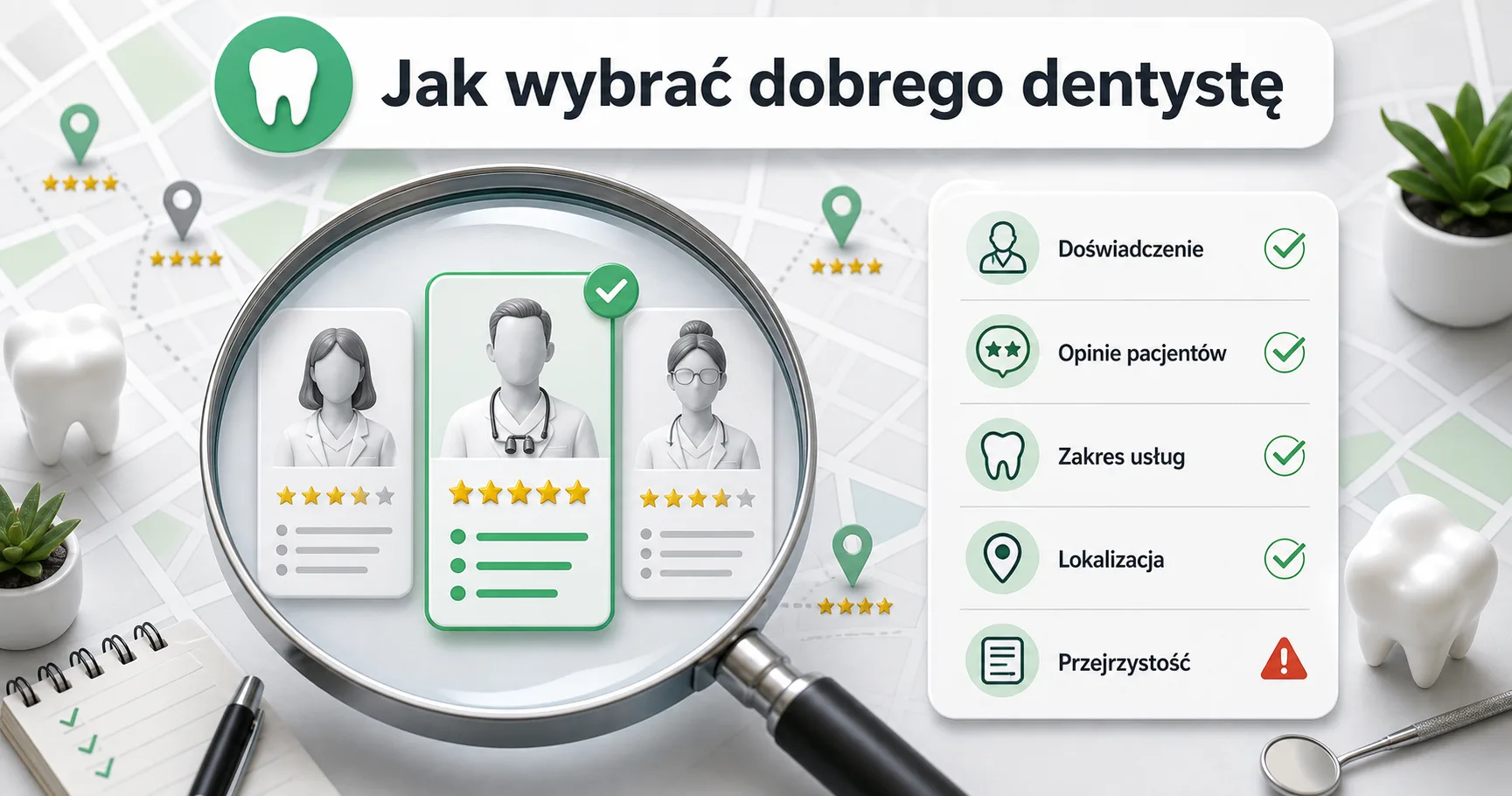 Lupa nad symbolami oceny i checklistą kryteriów wyboru gabinetu stomatologicznego
