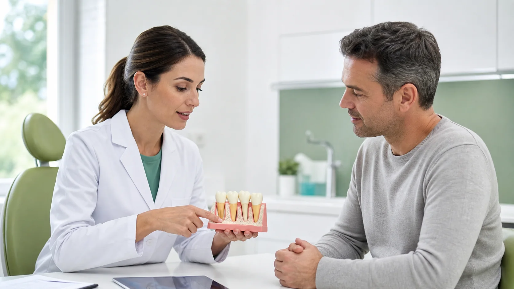 Dentystka pokazująca pacjentowi model dziąseł podczas konsultacji periodontologicznej