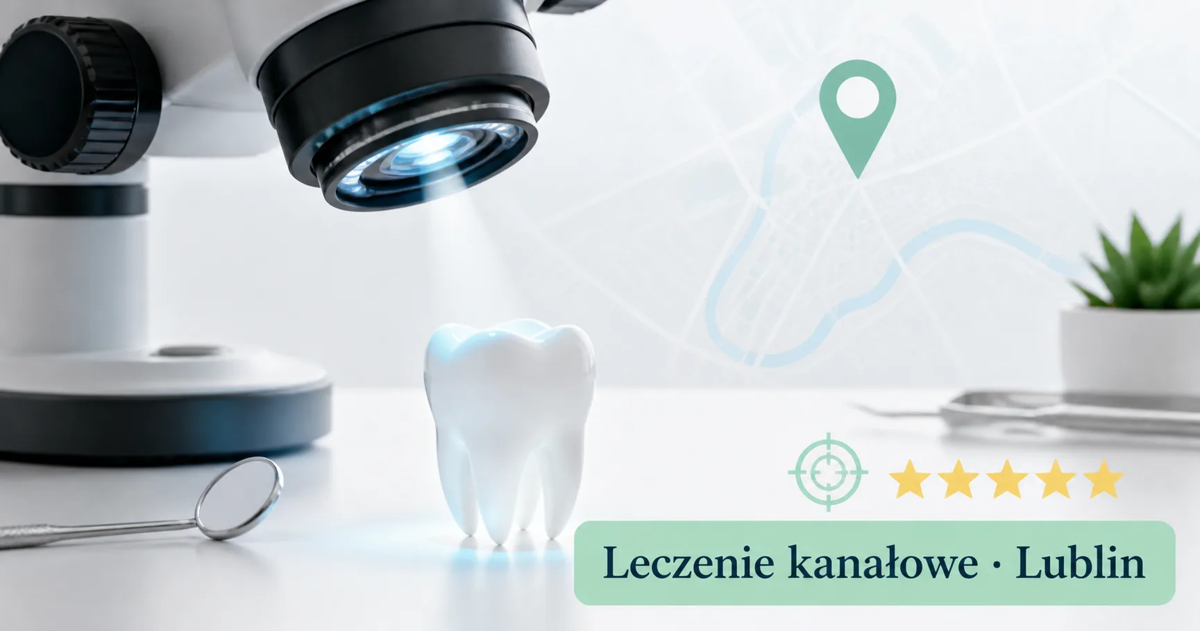 Mikroskop stomatologiczny w gabinecie na tle zarysu Lublina