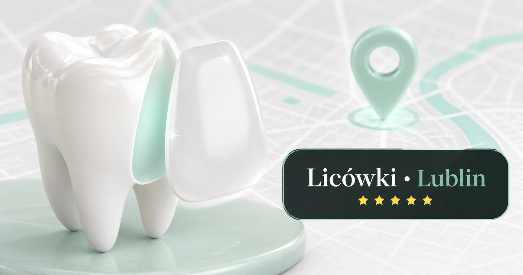 Model zęba z licówką na tle zarysu Lublina, motyw estetyki uśmiechu