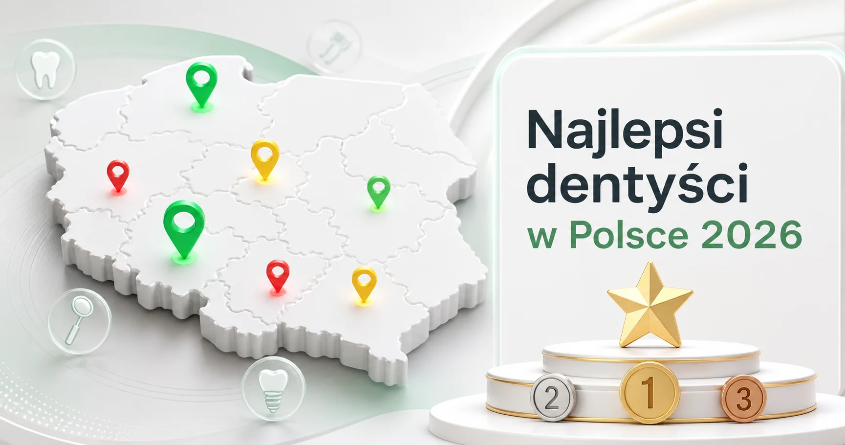 Mapa Polski z zaznaczonymi miastami i symbolami oceny gabinetów stomatologicznych