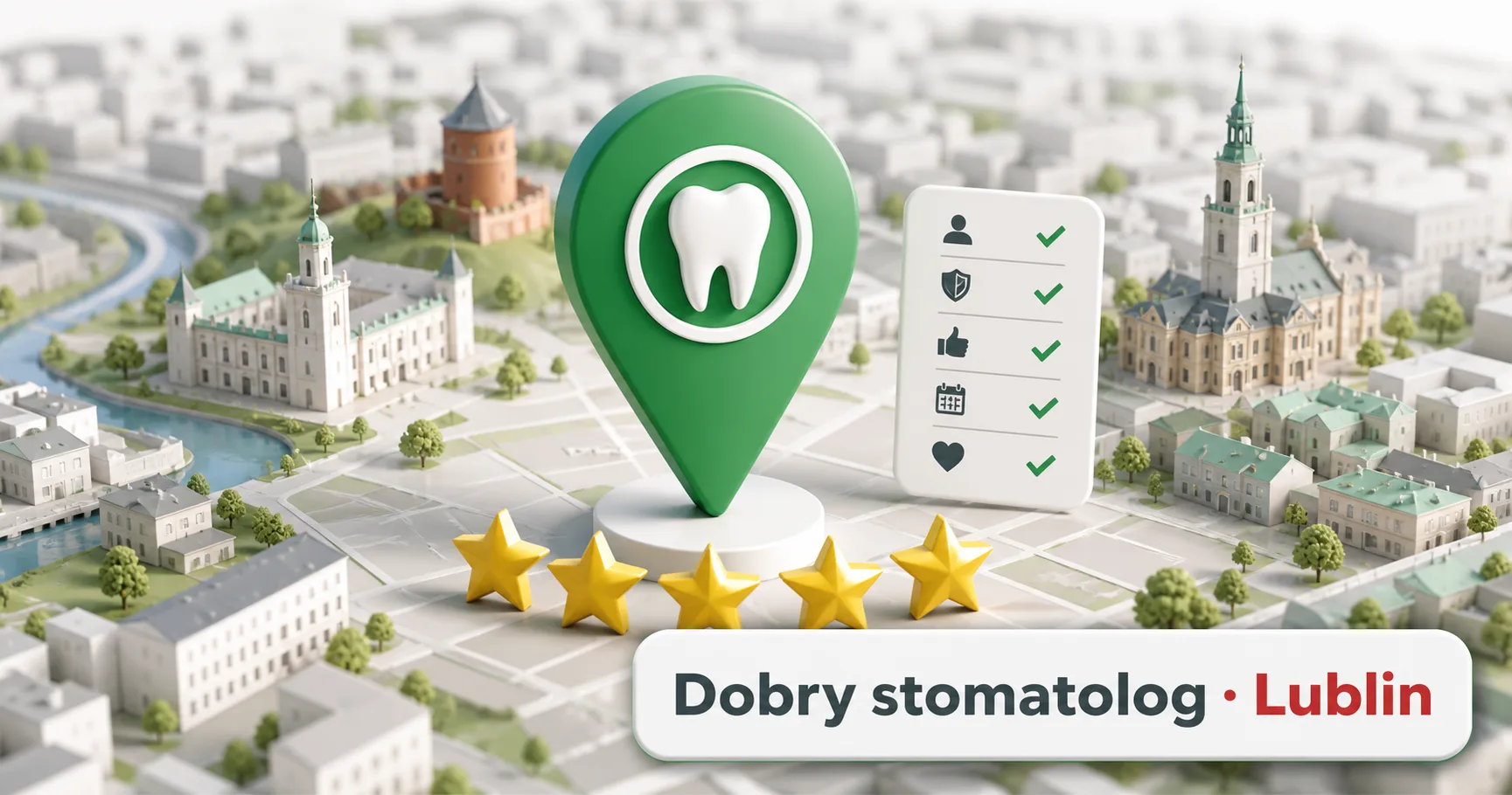 Zarys Lublina z pinezką lokalizacji i symbolem oceny gabinetu stomatologicznego