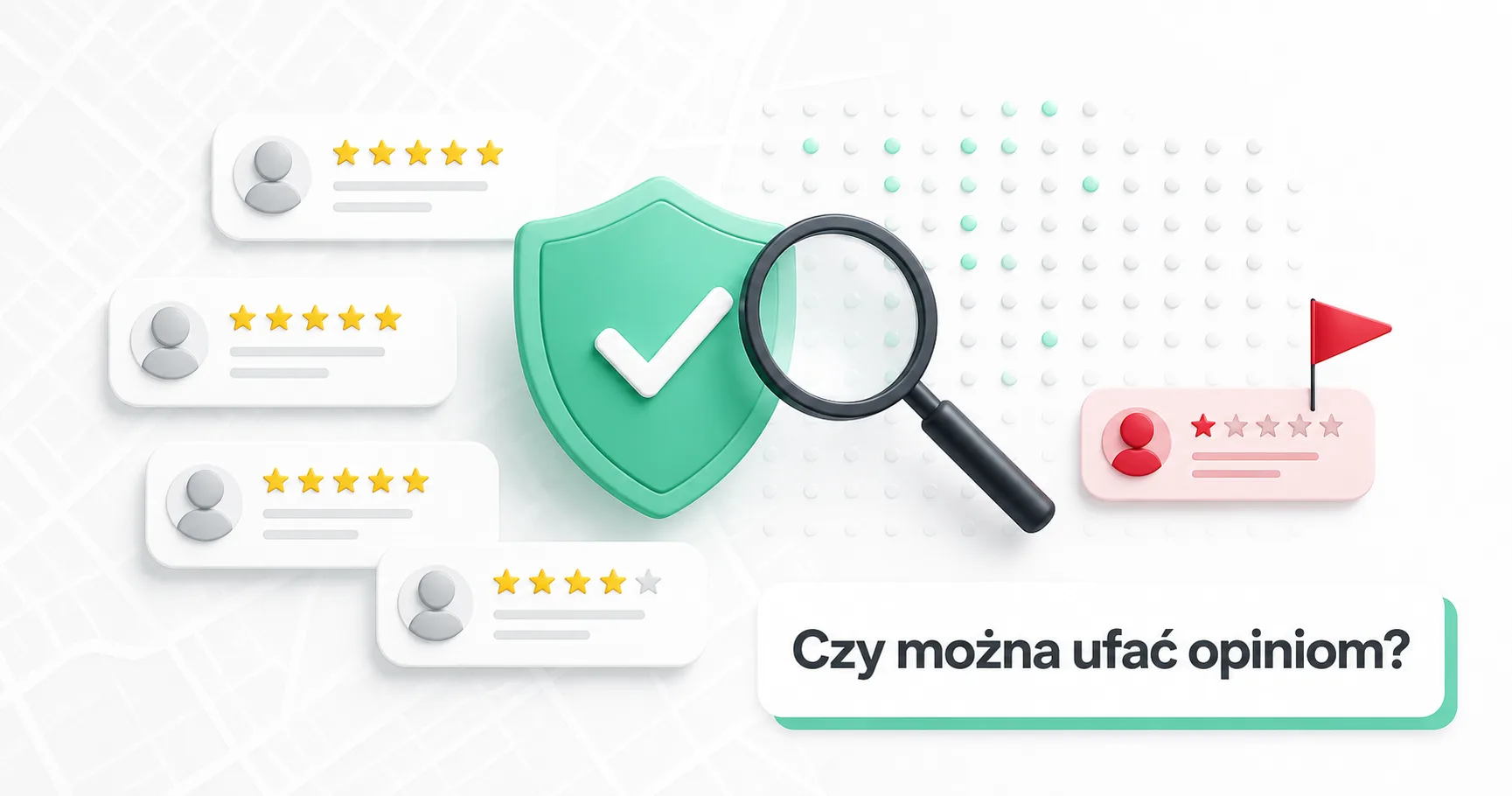 Symbole ocen w gwiazdkach i dymki opinii z lupą, motyw oceny wiarygodności recenzji