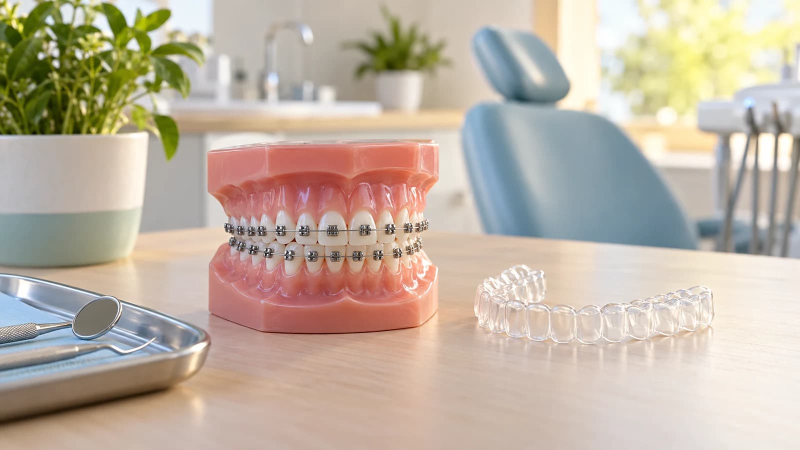 Nastolatek z aparatem stałym na fotelu dentystycznym, ortodontka pokazuje nakładkę ortodontyczną