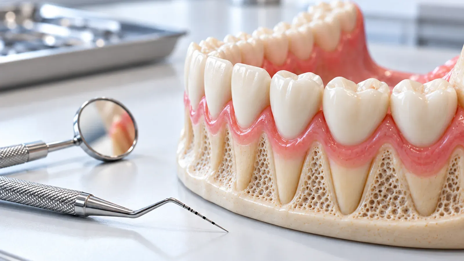 Sonda periodontologiczna i lusterko obok dużego modelu szczęki z zaznaczoną linią dziąsła