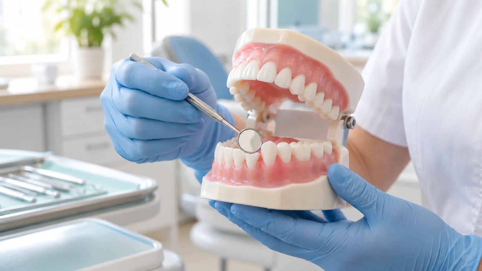 Periodontolog objaśnia pacjentowi stan dziąseł na modelu w gabinecie w Lublinie