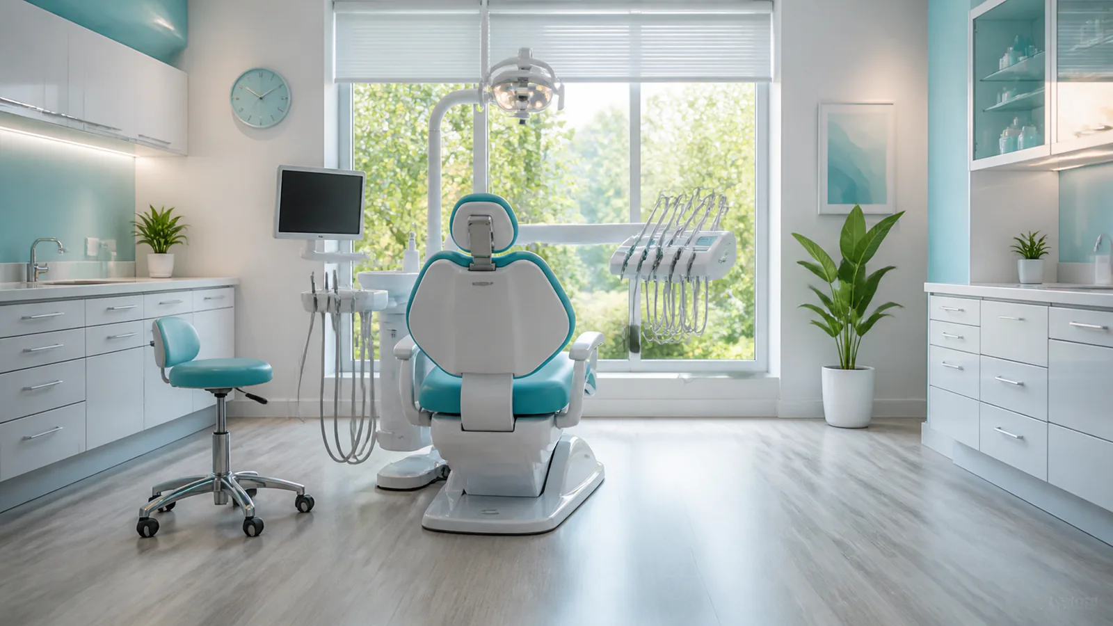 Pacjent rozmawia z dentystą przy biurku przed rozpoczęciem badania