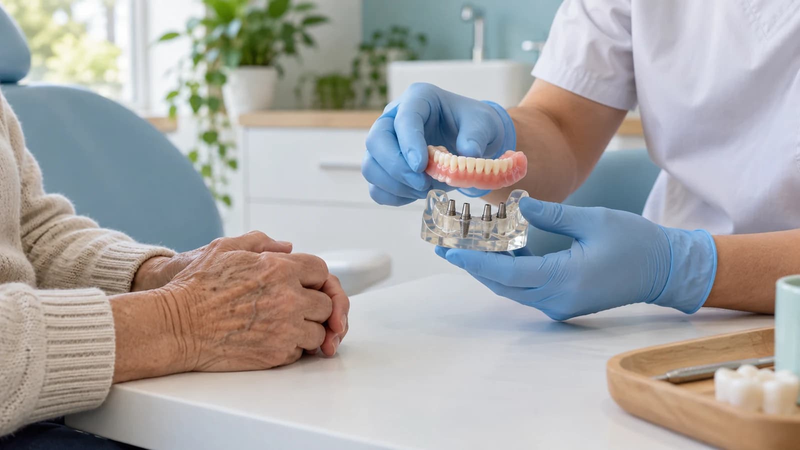Protetyk omawia ze starszym pacjentem protezę opartą na implantach