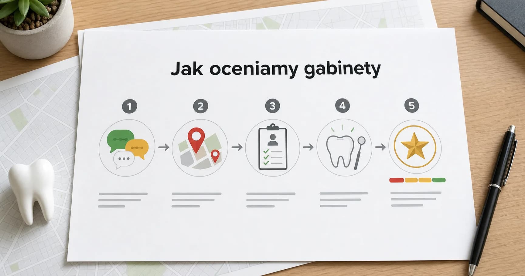 Schemat elementów oceny gabinetu: opinie, liczba recenzji, kompletność profilu i zakres zabiegów