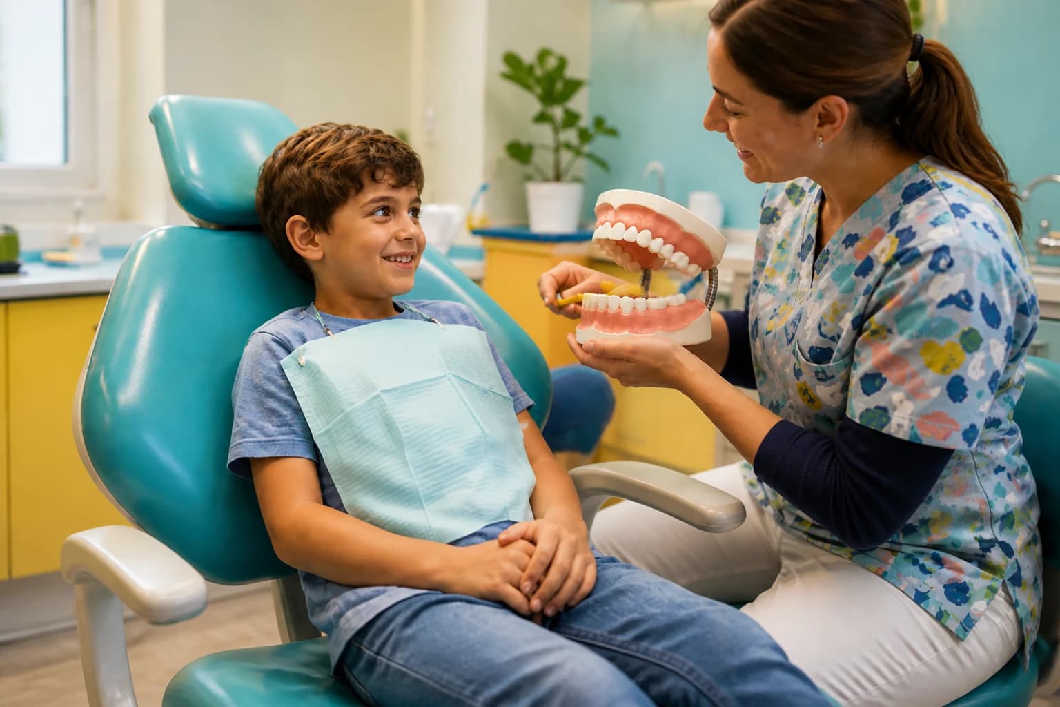 Uśmiechnięte dziecko na fotelu dentystycznym, lekarka pokazuje model zębów i szczoteczkę