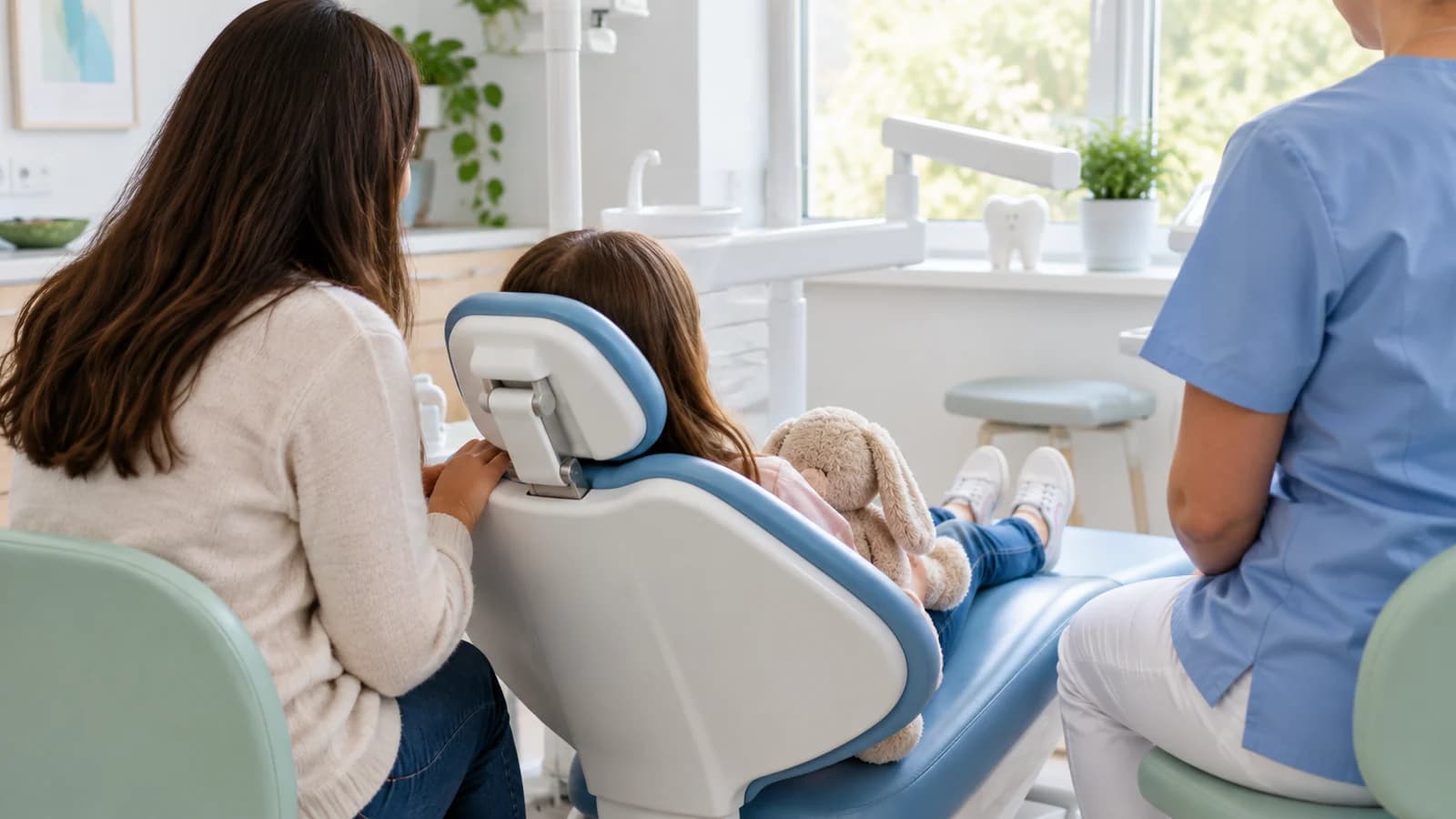 Uśmiechnięte dziecko na fotelu dentystycznym, lekarka pokazuje model zębów i szczoteczkę
