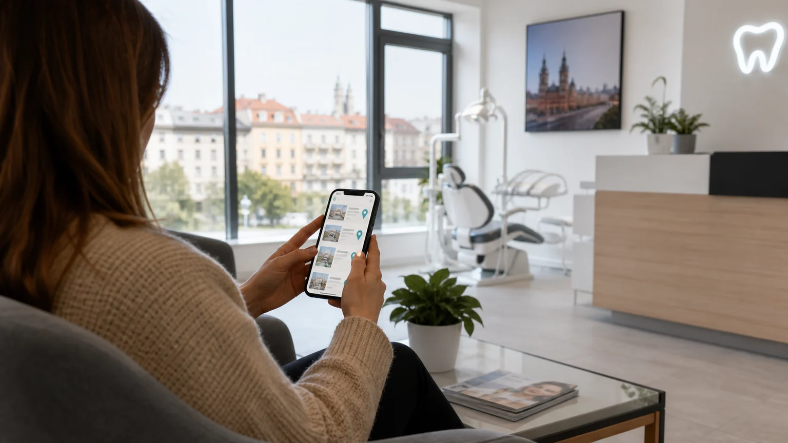 Pacjent sprawdzający ranking stomatologów w Krakowie na telefonie